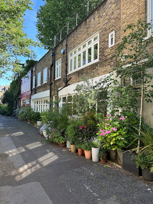 An outdoor scene featuring a storefront with large white-framed windows and a brick facade, partially shaded by nearby green trees. Along the sidewalk outside, a variety of potted plants and flowering
